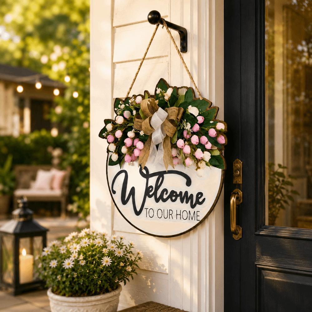 Flower Door Wreath 2D Flat Hanging Decoration Ornaments Welcome Sign Wall Decor