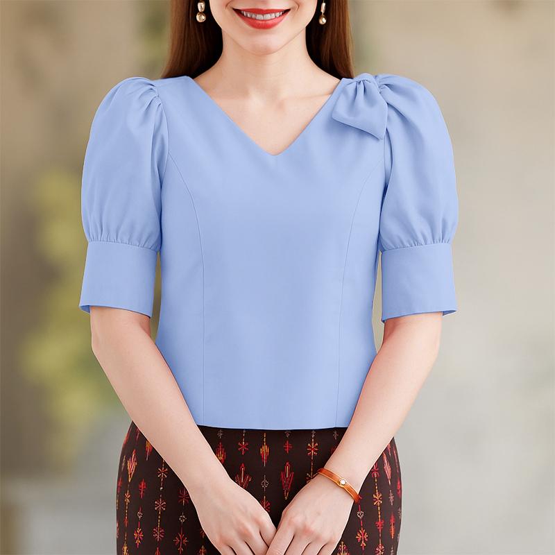 ZANZEA Damen V-Ausschnitt Einfarbig Lässige Kurzarmbluse