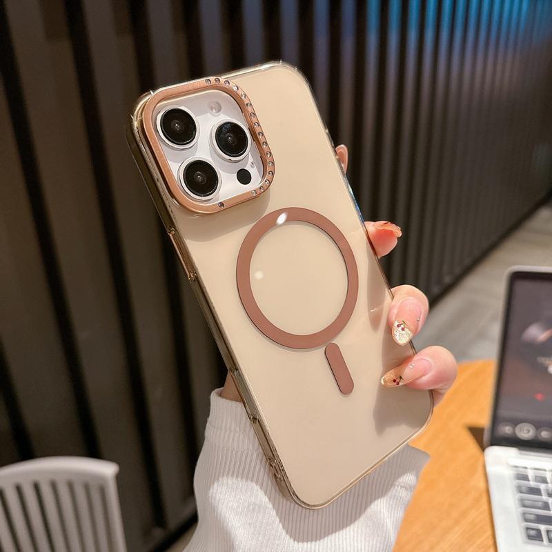 

Чехол для телефона с металлической камерой и оправой в форме бриллианта для iPhone 16 Pro 15 Pro Max 14 для Magsafe, прозрачный, ударопрочный, с беспроводной зарядкой, магнитная задняя крышка iPhone 14 Pro Max золотой