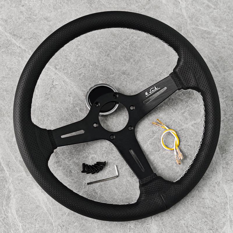Universal 14inch 350mm JDM Leather Auto Racing Steering Wheel Deep Corn Drifting Sport Steering Wheel White Line