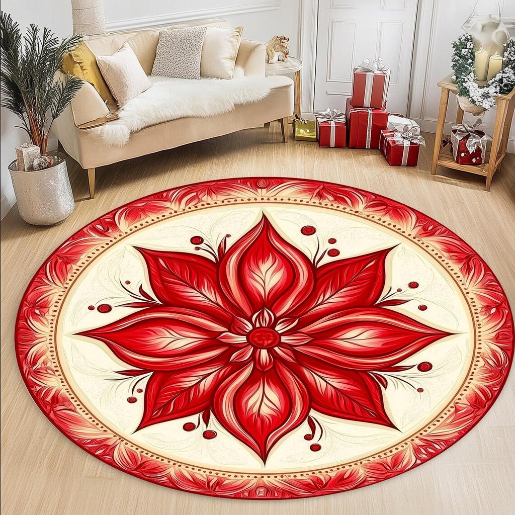 Weihnachts-Poinsettia Blumenmuster Runder Teppich Rutschfeste Stuhlunterlage für Wohnzimmer, Schlafzimmer Dekor Weicher Teppich