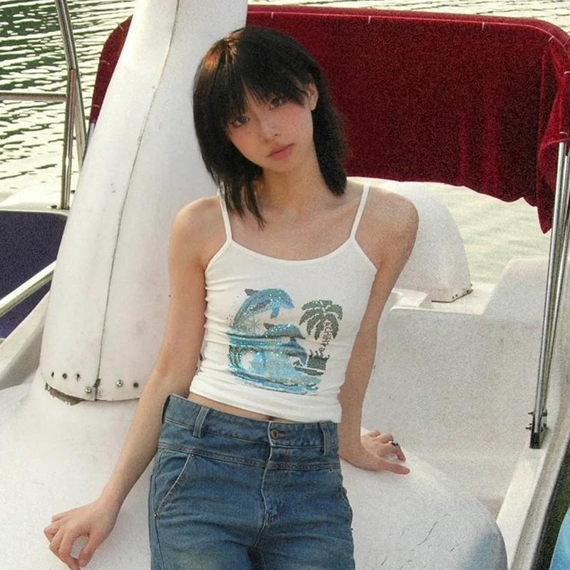 Y2k Estetika Košilka Japonské Harajuku Diamond Cami Tops Trashy Tílko z roku 2000 Vintage Grunge kamínky Tanktopy