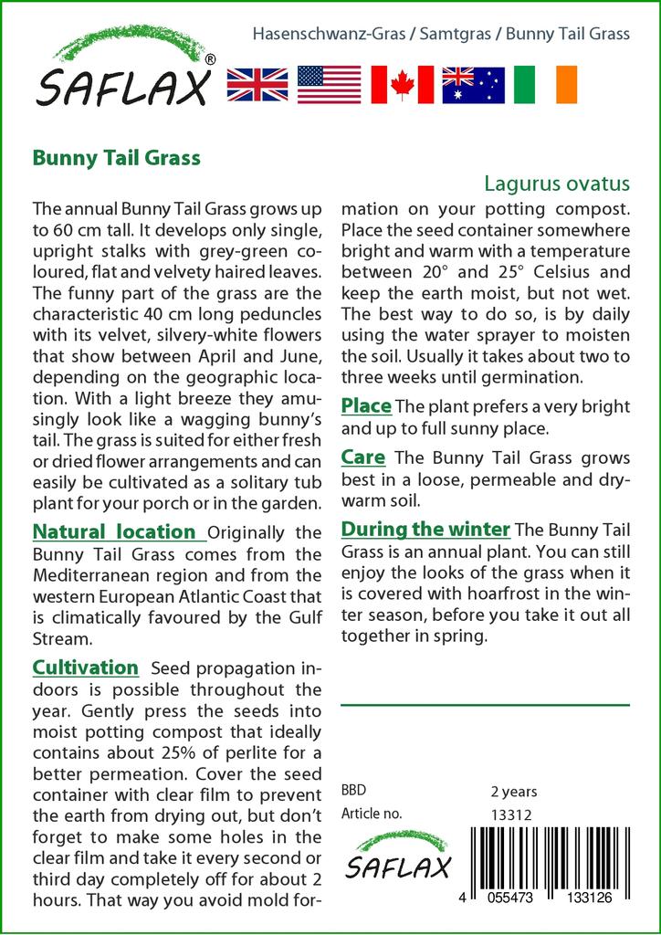 SAFLAX Garden In the Bag - Bunny Tail Grass - 100 Seeds - With Substrate In a Fitting Stand Up Bag - Lagurus Ovatus