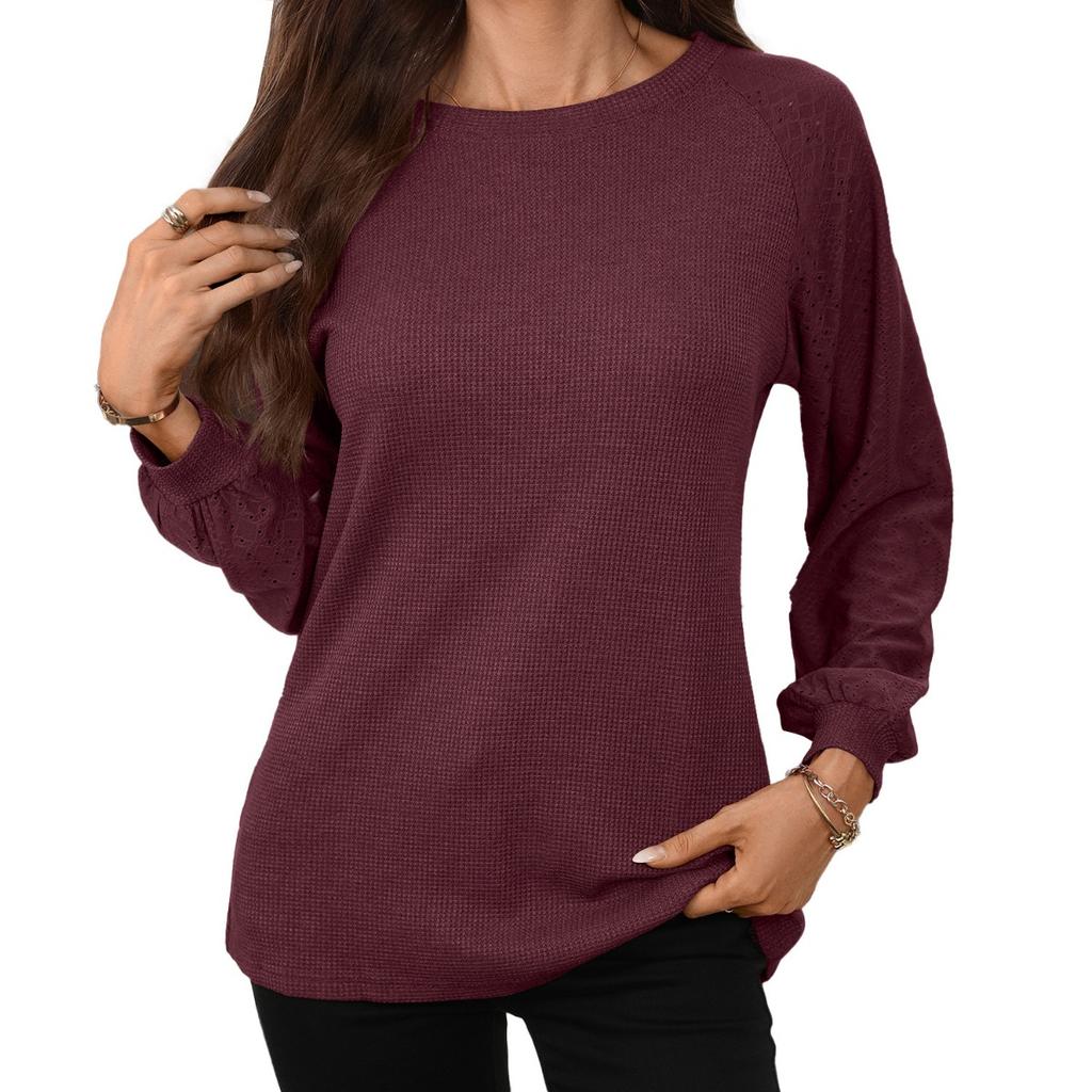 Women's Solid Color Crew Neck Loose Long Sleeve Patchwork T-shirt Top Fall Winter New For Cross-border Trade