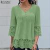 ZANZEA Women Casual V-neck Lace Splice 3/4 Sleeve Loose Blouse