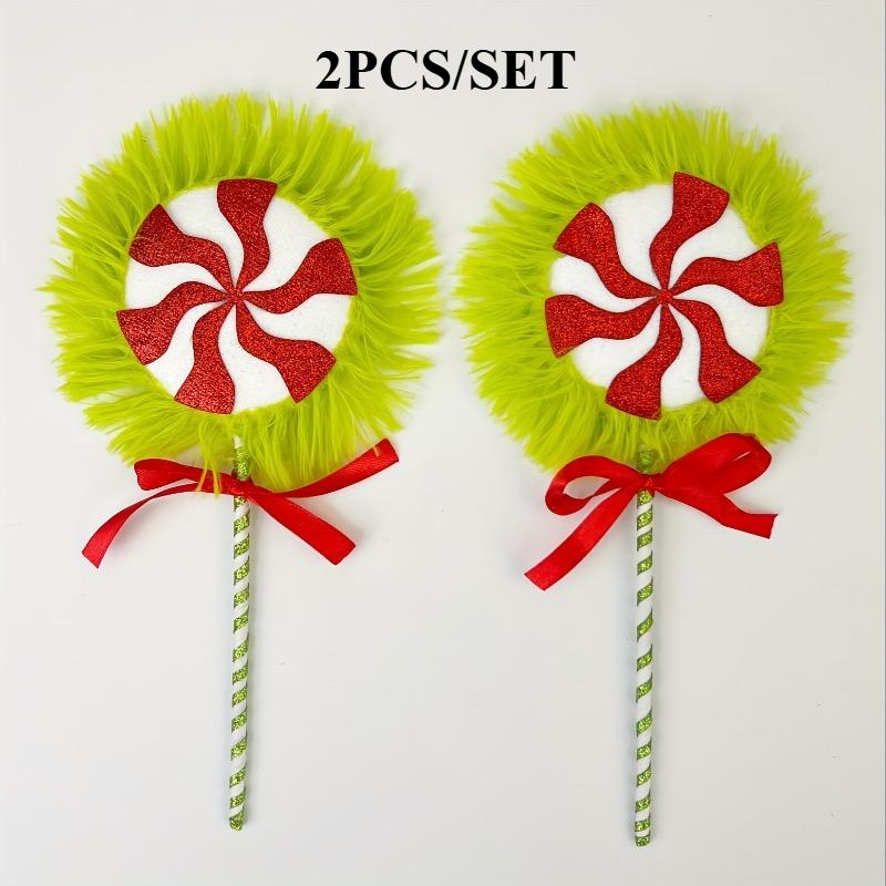 2PCS/SET Christmas Tree Picks Decorations, Polyester Plush Candy with Green & Red Lollipop, Festive Xmas Branch Ornaments
