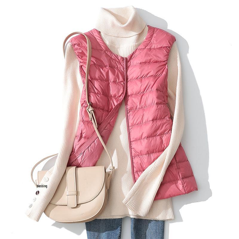 Women's Lightweight Sleeveless Down Vest: Short Round Neck, Autumn/Winter, Plus Size.
