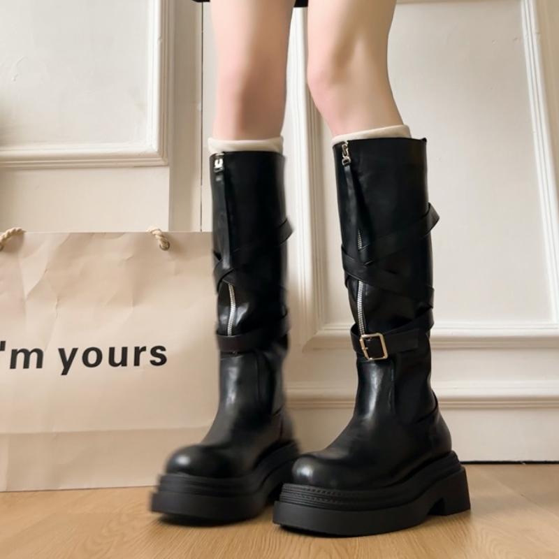 Winter Vintage Platform Thick Sole Woman Knight High Boots Concise Belt Buckle Front zipper Shoes Ladies Slim Modern Long Botas