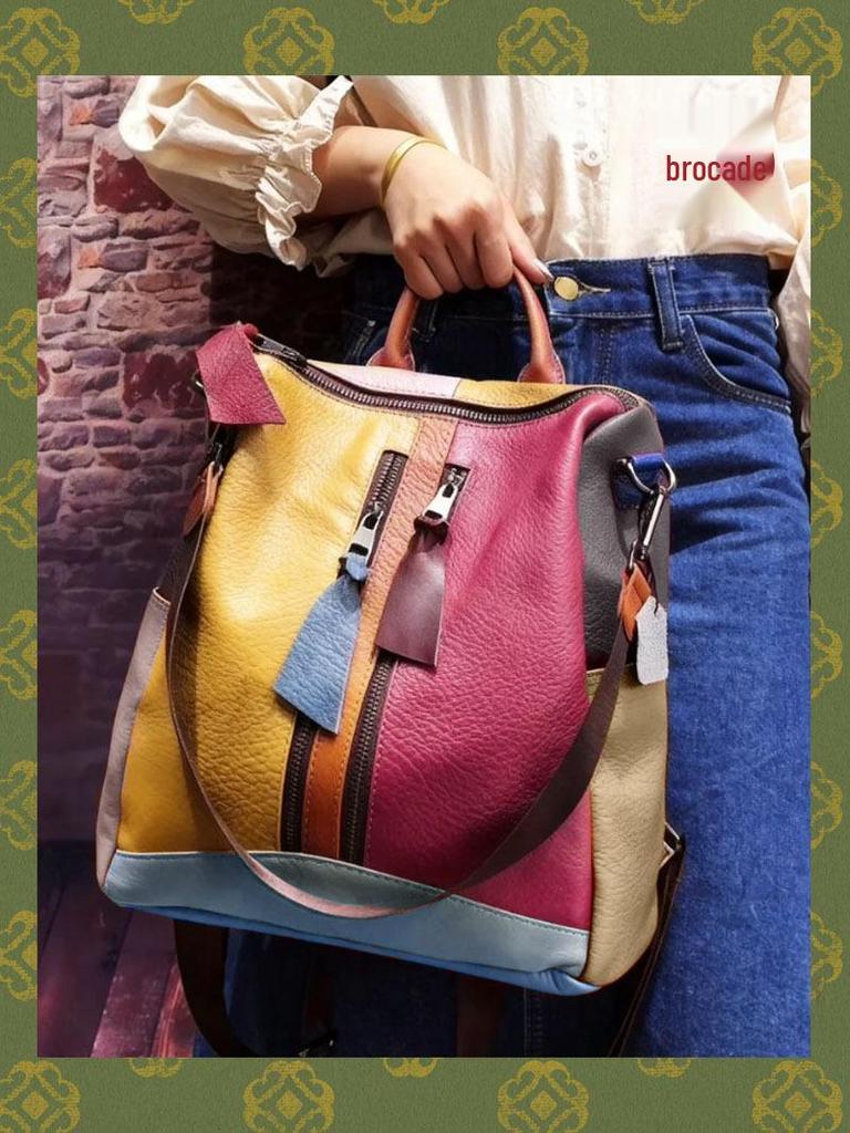 Retro Skórzana Patchworkowa Kolorowy Blok Telefon Torba na Telefon & Plecak z Podwójnym Paskiem