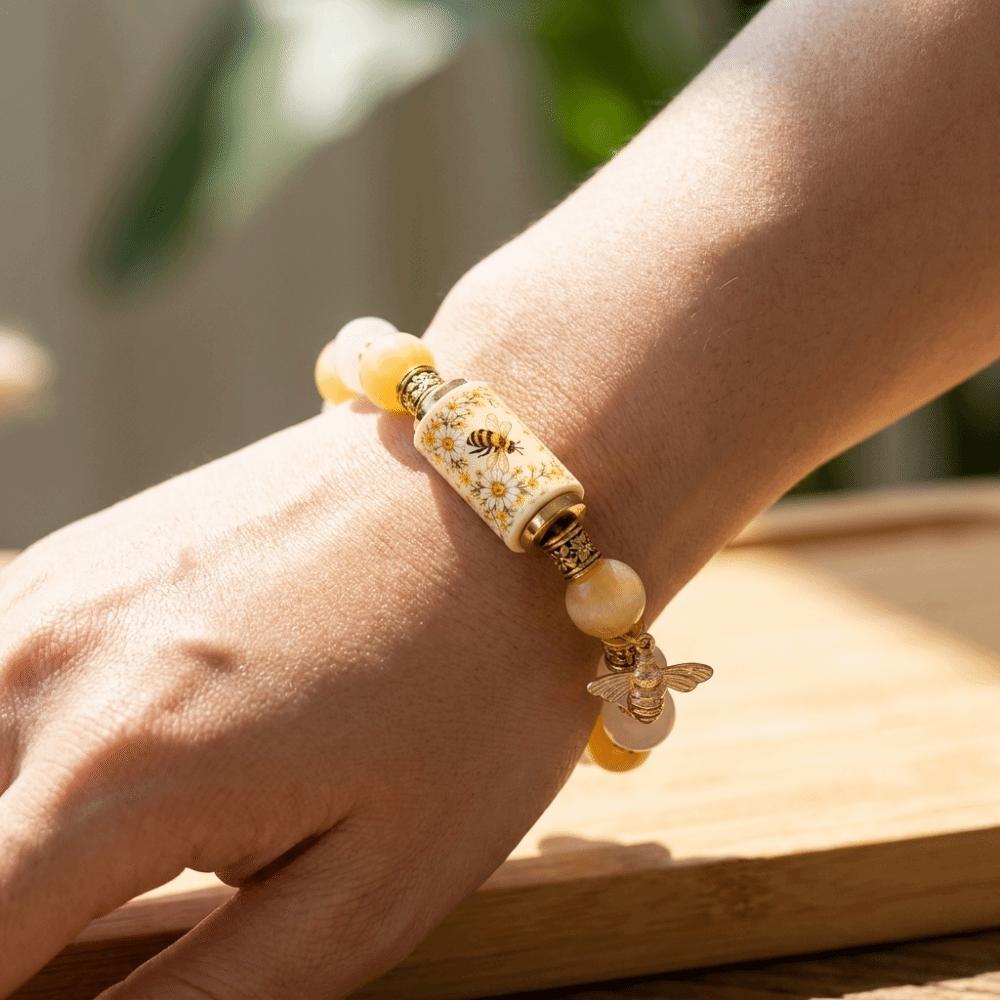 Stainless Steel Beaded Stretch Bracelet Sunflower Bee Pendant Hand Chain Charm Bracelet Garden
