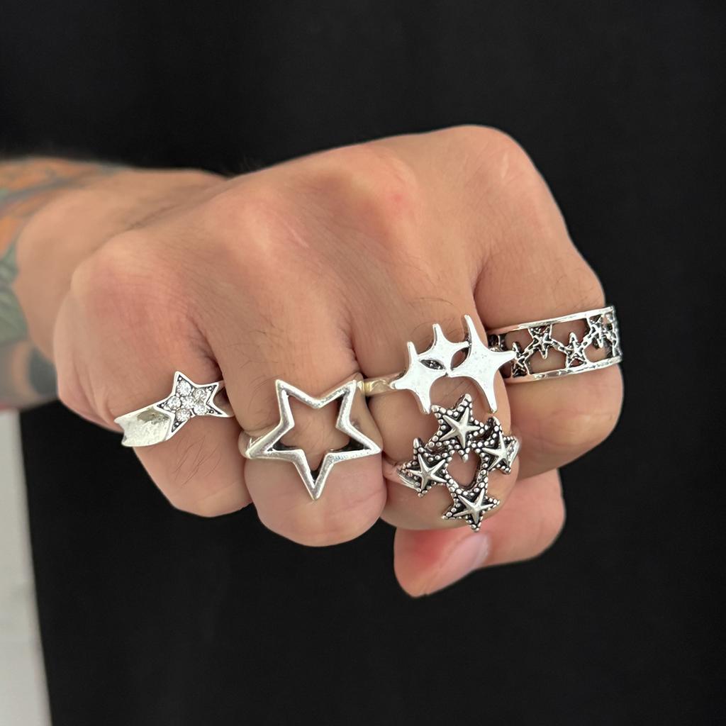 Exaggerated Personality Five-Pointed Star Ring Set for Men, Trendy High-End Hip-Hop Niche Rings for Men