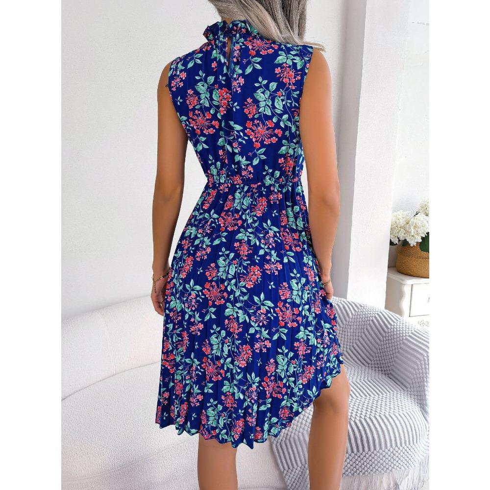 Frühlings- und Sommer-Damen-Temperament Holzohrring Blumen Taillierte Plisseekleider