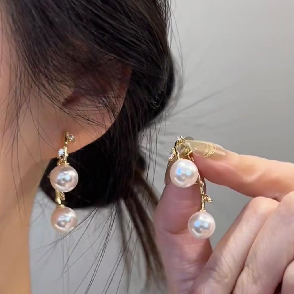 Zircon tassel pearl stud earrings for women French elegant fashion rear hanging earrings light luxury high-end earrings for women