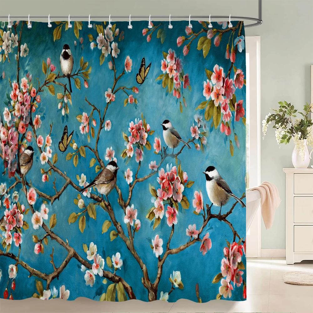 Chinese Style Flower Bird Shower Curtains Waterproof Bathroom   Curtain 3d Printed Fabric With Hooks Decoration Shower Curtain