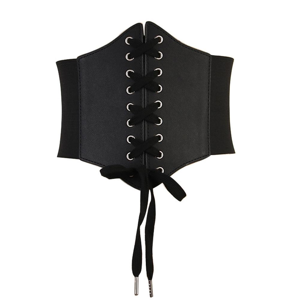 Elastic Waist Belt Stretch Lace Up Fashionable Elegant PU Wide Corset Belt for Women Black Free Size