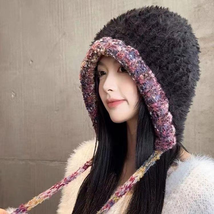 Handgefertigte gestrickte Plüschmütze für großen Kopfumfang mit freiem Gesicht, kleine Mütze, Damen-Wollmütze, thermische Ohrenschützmütze, kann auch eine Schirmmütze sein