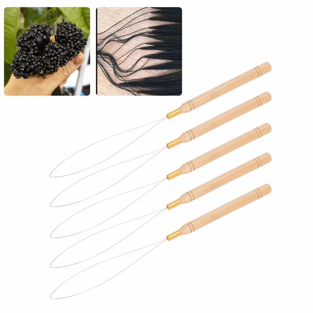 10Pcs Anti-Slip Handle Pulling Hook Tool Beech Wood Handle Micro Ring Threader  For Hair Extensions