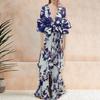 Long Dress Deep V Neck Lace-up Tight Waist Flowy Splicing Irregular Hem Ruffle Bohemian Floral Print Women Dress for Holiday