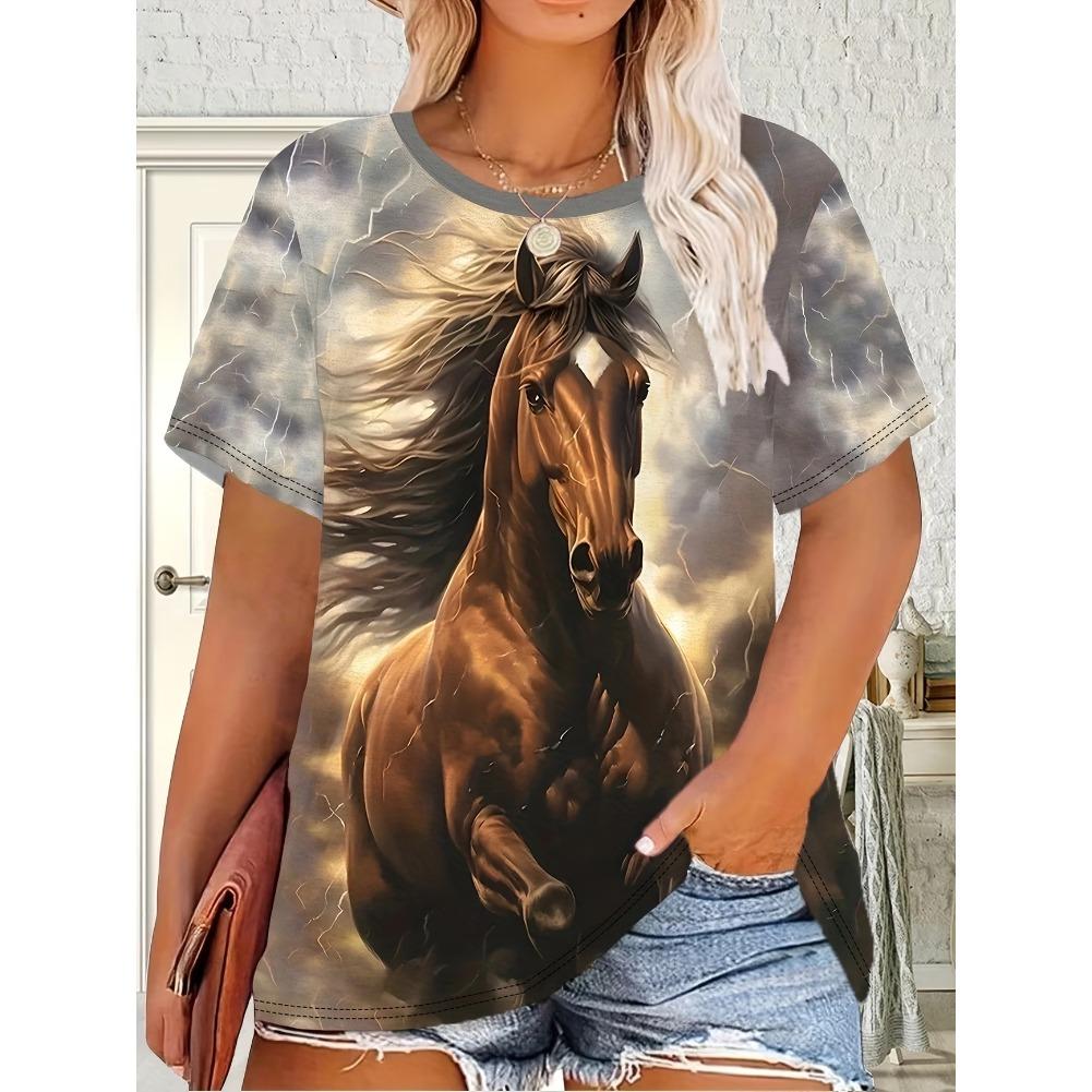 Plus Size Casual Crew Neck Short Sleeve Tiger Horse Animal Print T-Shirt - Soft Stretch Polyester Fabric Spring and Summer Womens Relaxed Fit Clothing