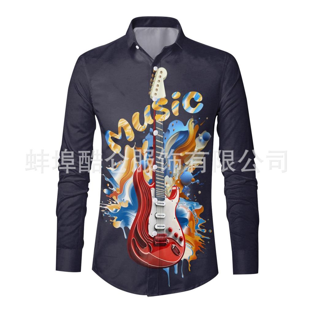 Stylish Long Sleeve Shirt with Saxophone Print, Ideal for Music Lovers