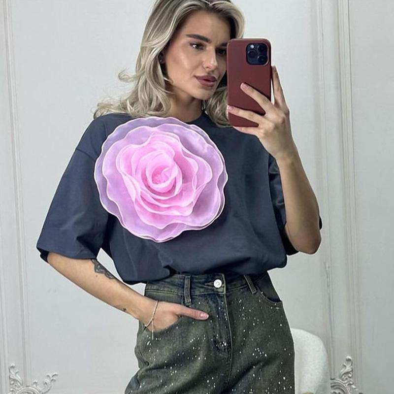 

3D сетчатая женская футболка с цветком камелии и круглым вырезом, свободная женская рубашка с коротким рукавом, весна-лето, женские топы в стиле Ins L
