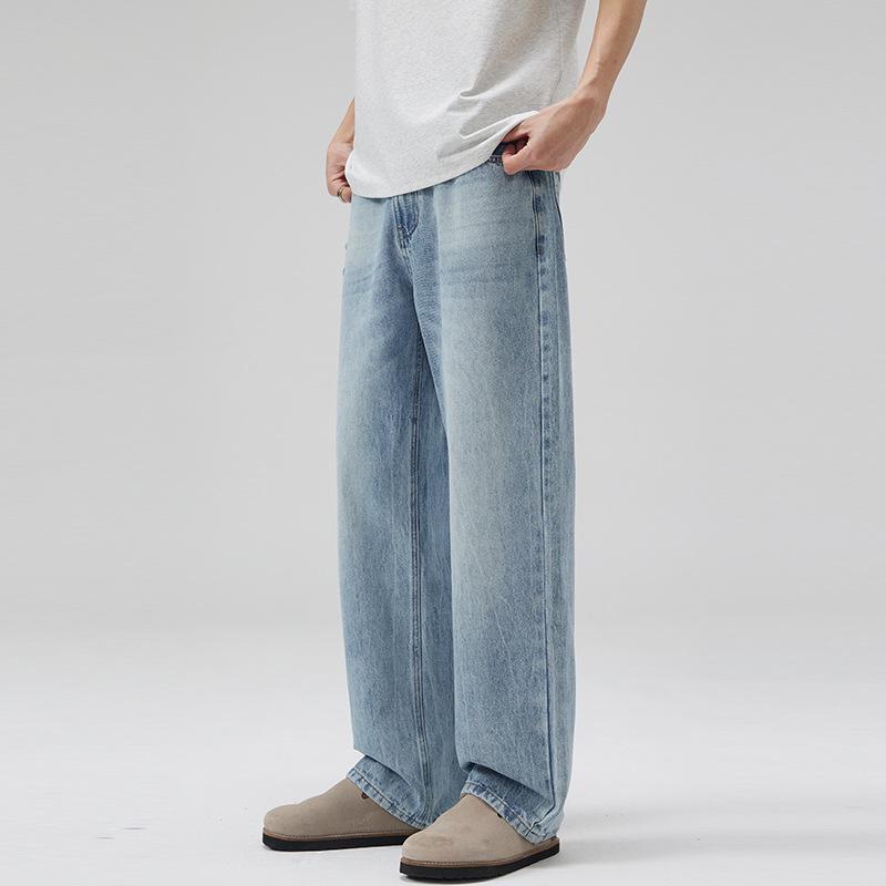 LKTM Men's Retro Washed Ice Blue Jeans - High-End, Versatile, Loose-Fit, Ripped Style