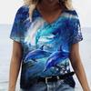 Women's T-Shirts Dolphin Print Tops V-Neck Fashion Female Vintage Aesthetics Tees Loose Oversized Funny Clothing
