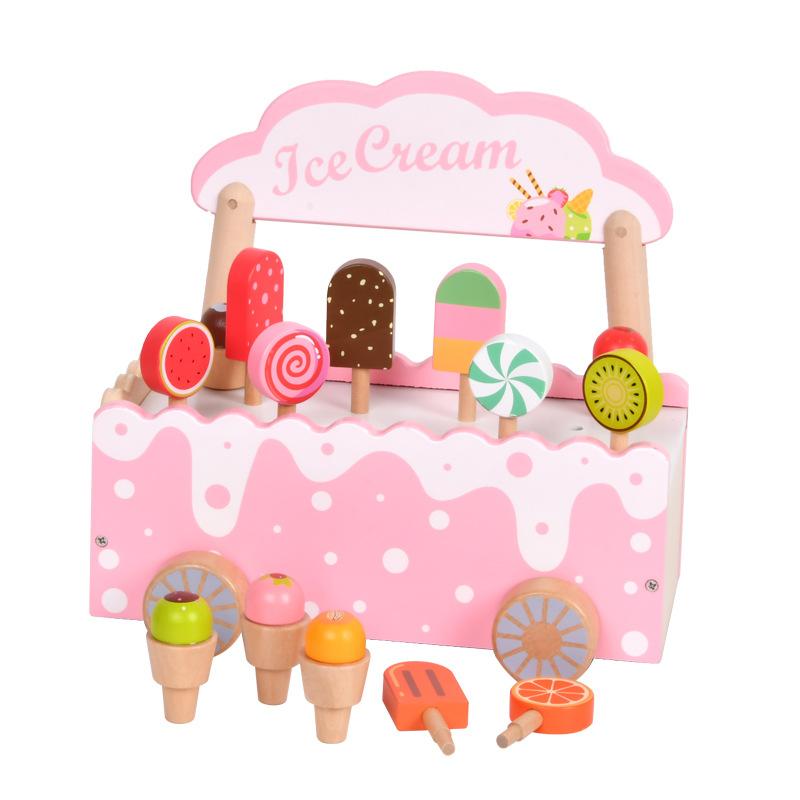 Children'S Wooden Playhouse Toy Ice Cream Cone Ice Cream Trolley Wooden Parent-Child Play Interactive Gift
