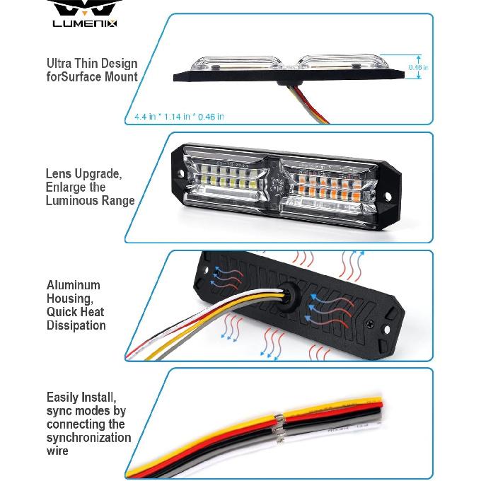 LUMENIX Grille Strobe Light Kits for Trucks, 12-LED Surface Mount Ultra Slim Emergency Hazard Warning Lights Head for Construction Vehicles Cars -