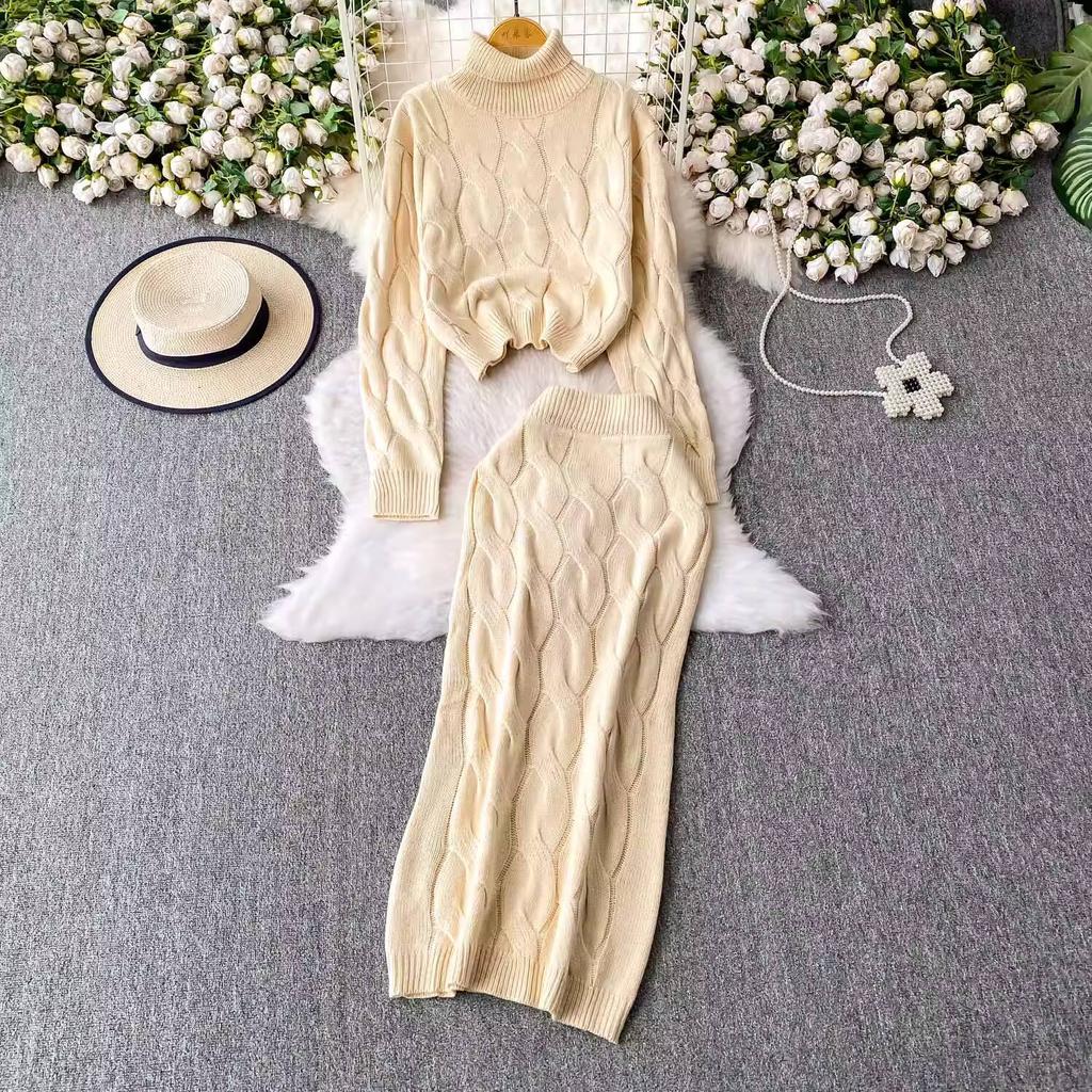 Autumn 2 Piece Set Turtleneck Sweater For Women Casual Fashion Style Chic Weave Top + High Waist Elegant Long Skirt