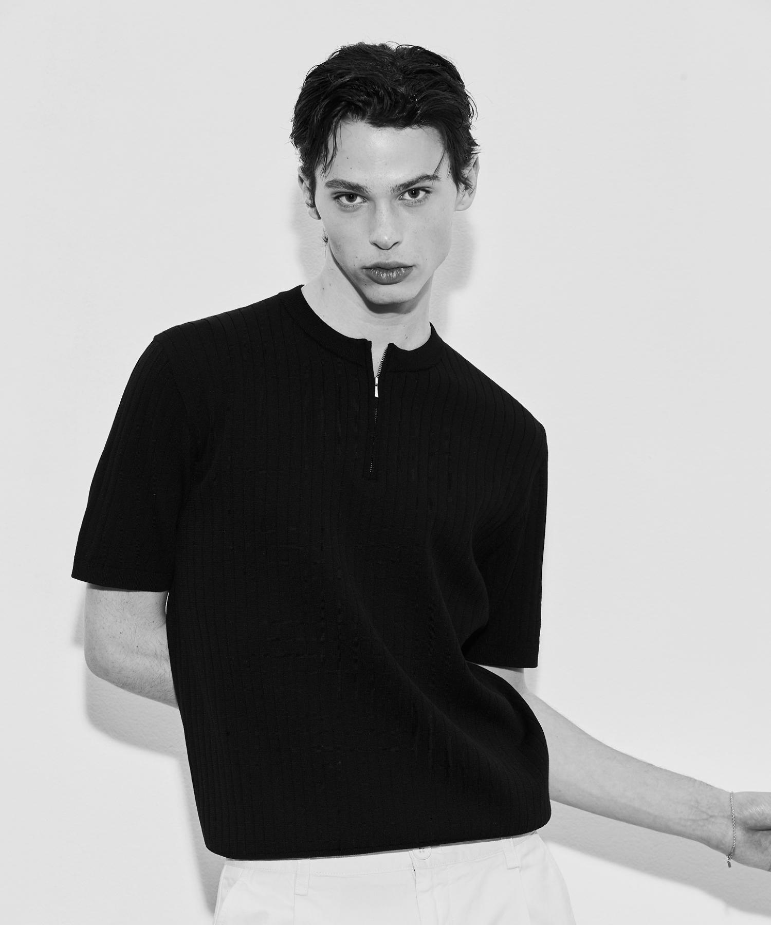 Le Dept Cotton Half Zip Ribbed Knit [Black] Black/L