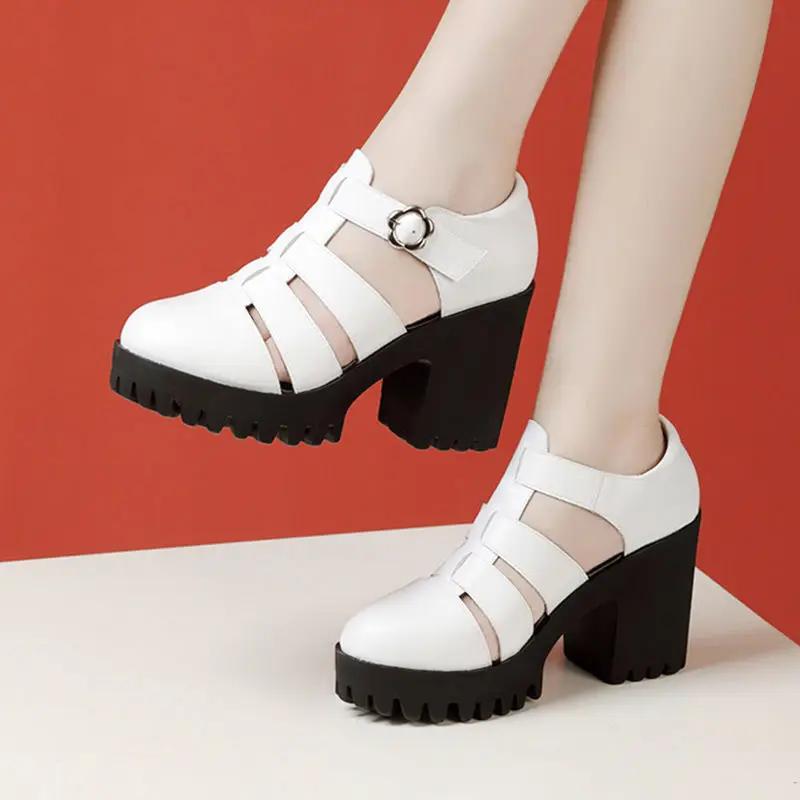 

8cm 10cm Samll Size 32-43 Genuine Leather Shoes Chunky Platform Sandals 2025 Block High Heels Sandals Black Office Model Mom 32