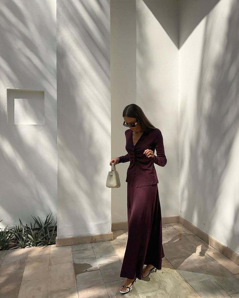 2025 Women's V-Neck Cardigan & Long Dress Set - Autumn/Winter European Style