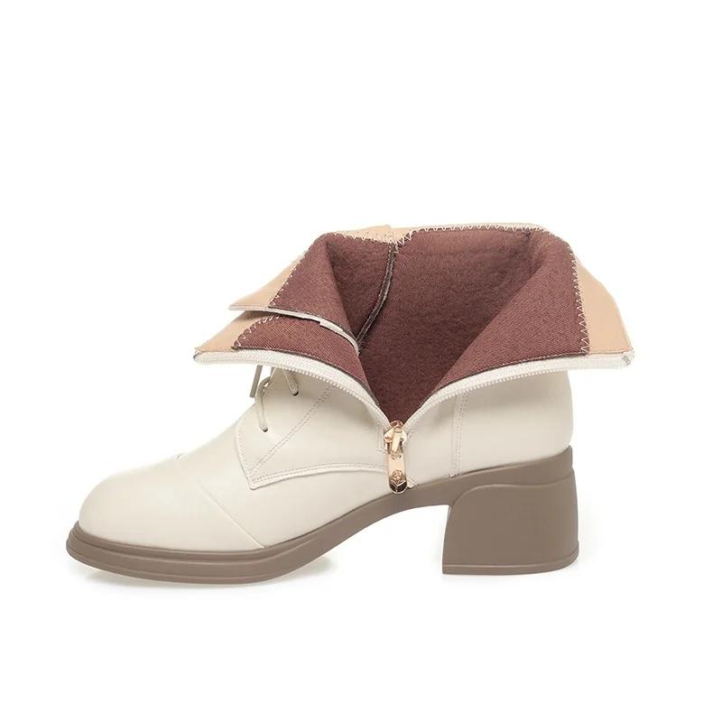 

5.5cm British Style Soft Leather Boots Women Platform Shoes Fall Winter 2025 Med Block Heels Short Plush Warm Ankle Boots Office 35