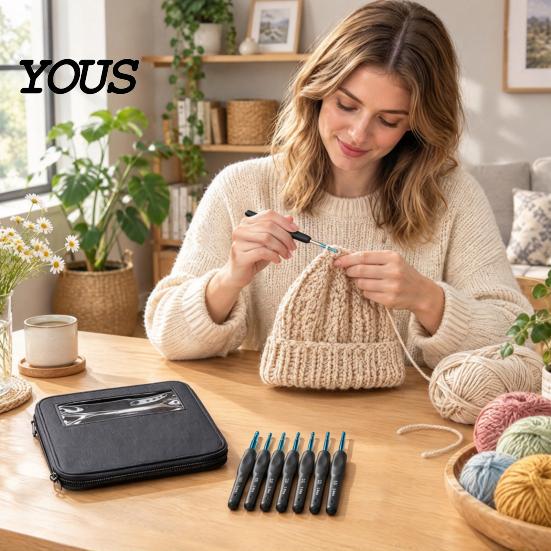 Knitting Tools Case 1 Set Crochet Hook Kit, 8 Sizes 2.5mm-6mm Yarn Portable Supplies with Storage , Soft TPR Handle Needle & Scissors