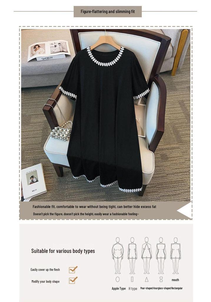Plus Size Slimming Mid-Length Loose Dress for Women - Round Neck, Sizes 200/300/350 Jin, Style 7117