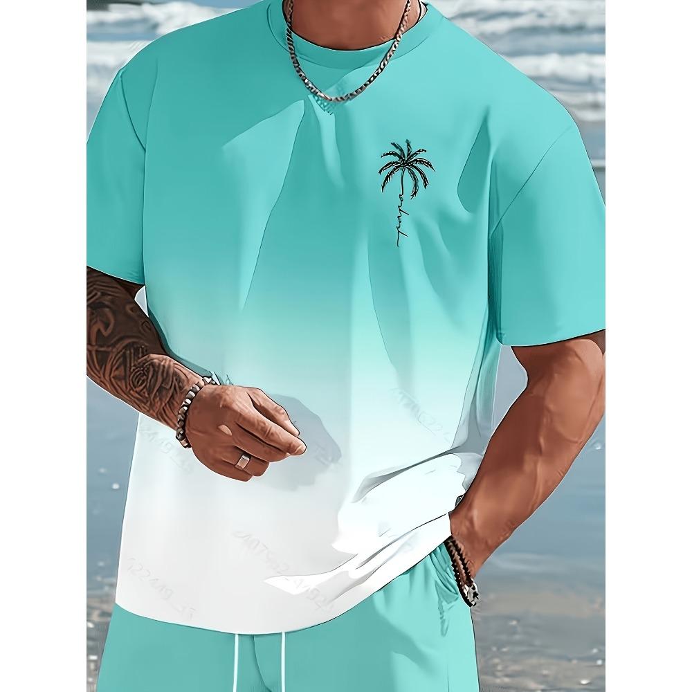 Summer Men'S Casual Athletic Outfit, Hawaiian Style Gradient Design, Round Neck Short Sleeve T-Shirt And Elastic Waist Shorts