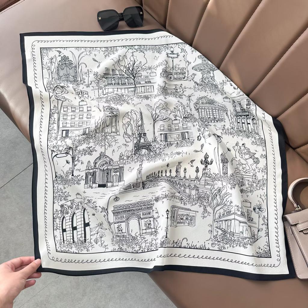 Retro Old Money Wind Silk Double Crepe Silk Scarf Women's Spring and Summer Senior Sense Versatile 100% Mulberry Silk Square Scarf Thin Scarf