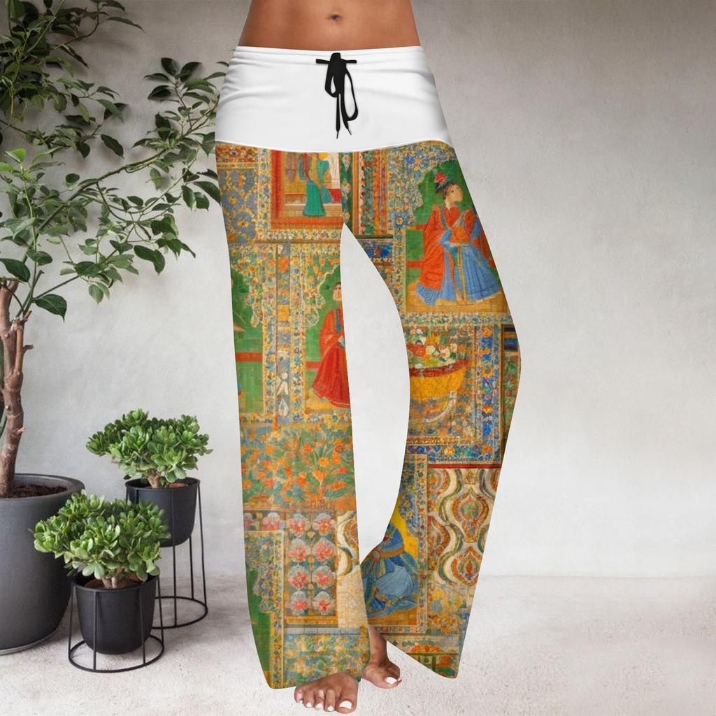 Women's Drawstring Elastic Waistband Wide Leg Color Matching Floral Printed Casual Pants