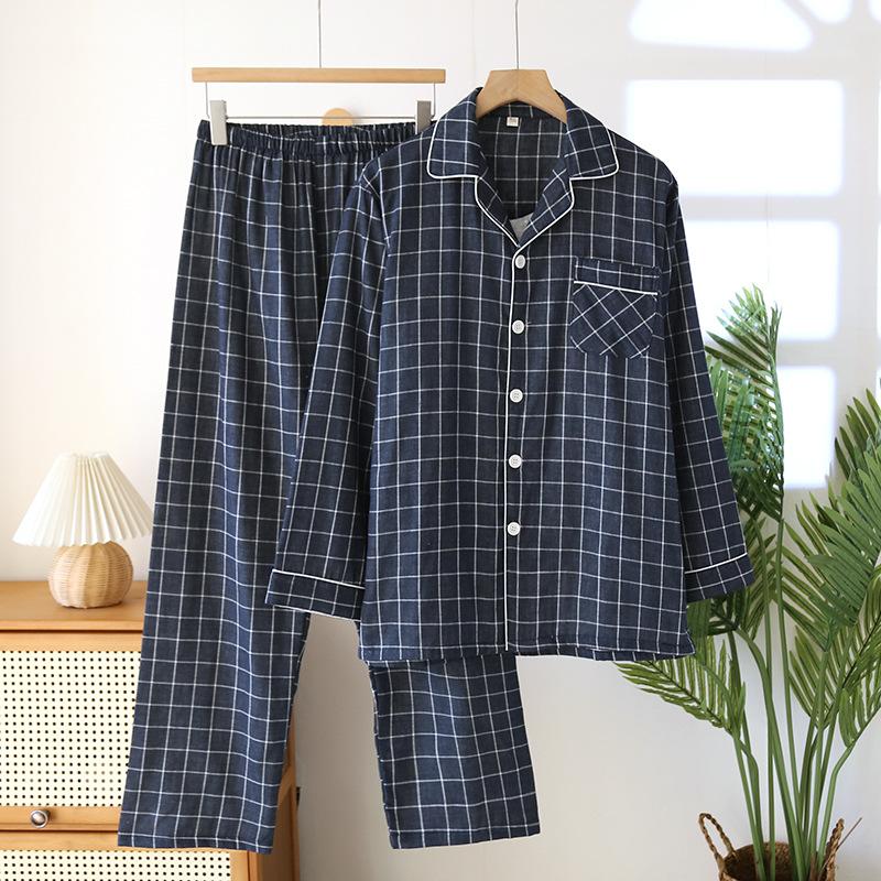 

Хлопковый пижамный комплект для мужчин Мягкая пижама на пуговицах с лацканами Удобная пижама с длинным рукавом Мужской домашний комплект в клетку с карманами Домашняя одежда из двух предметов XXL