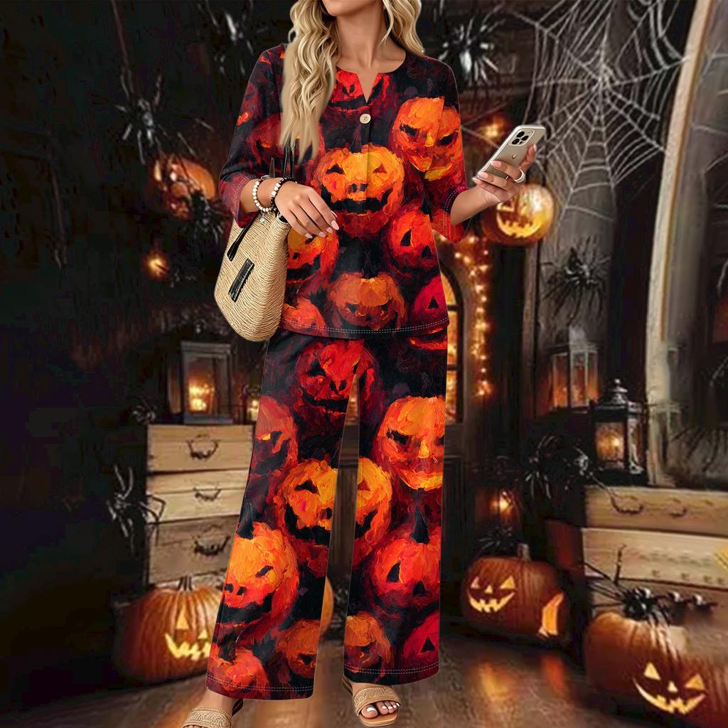 Women's Casual Printed 3/4 Sleeve Button Down Top and Wide Leg Pants 2 Piece Set