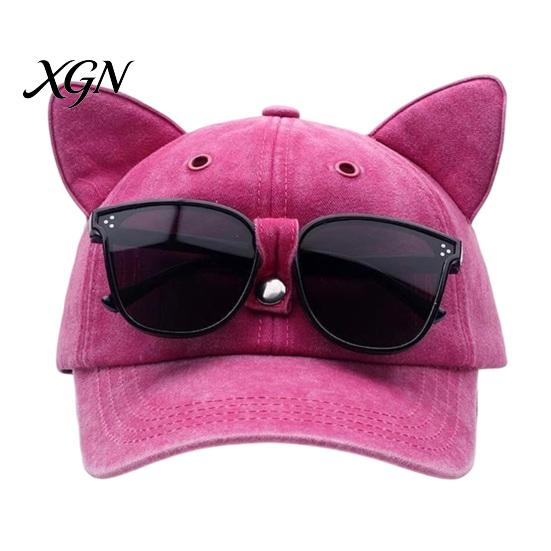 Unisex Hip Hop Cap Cat Ear Trucker Hat, Baseball with Detachable Sunglasses, Fashionable Outdoor Sun Hat Adjustable Pilot Style for Travel UV