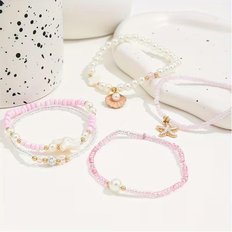 5 pcs Pearl-like shell star pendant - Handmade pearl beads - Pink series bracelet set - Party gift for a music festival vacation