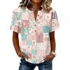Women’s Vintage Patchwork Print Henley Button Neck Short Sleeve Cotton Linen Shirt Casual Loose Fit Top for Summer Daily Wear