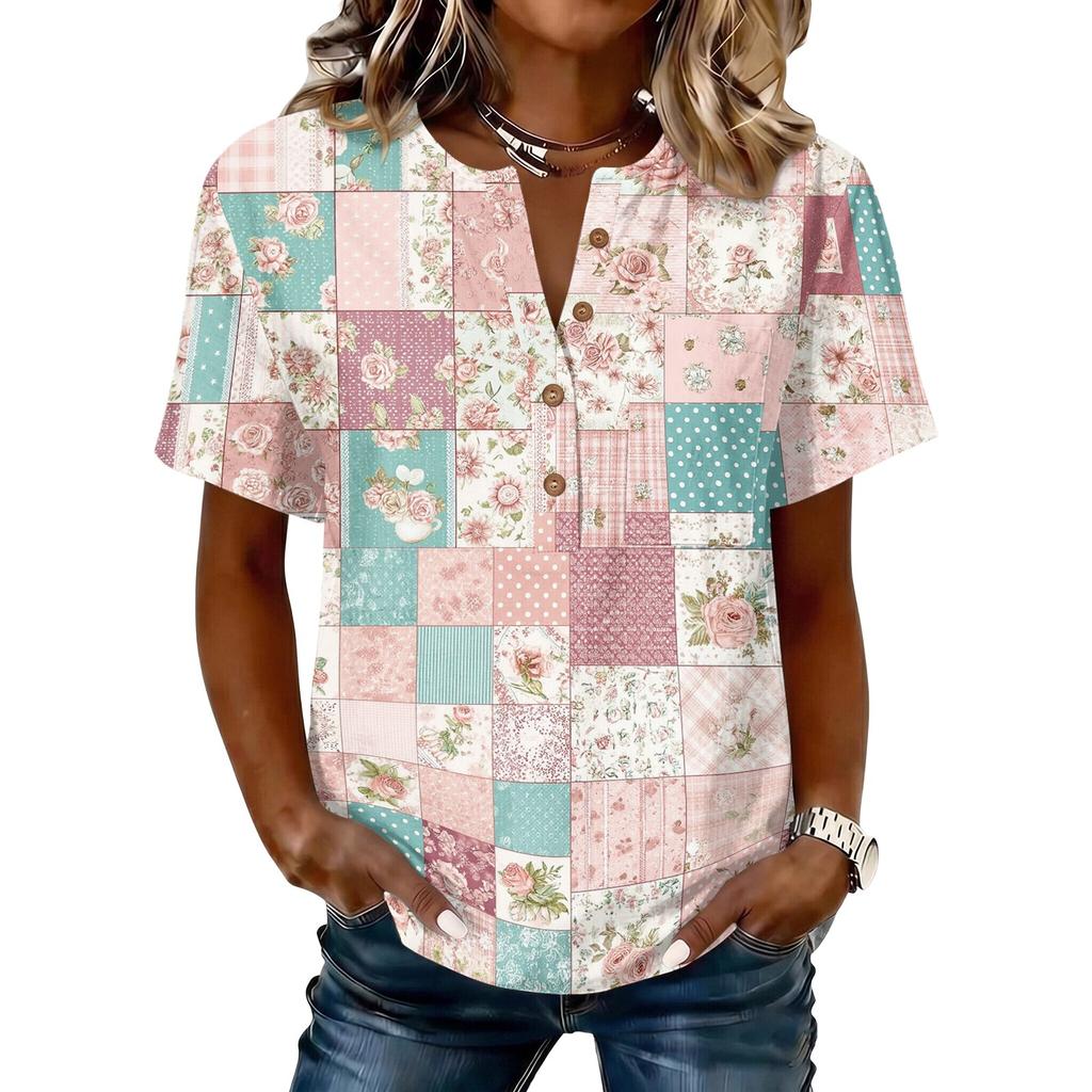 Women’s Vintage Patchwork Print Henley Button Neck Short Sleeve Cotton Linen Shirt Casual Loose Fit Top for Summer Daily Wear