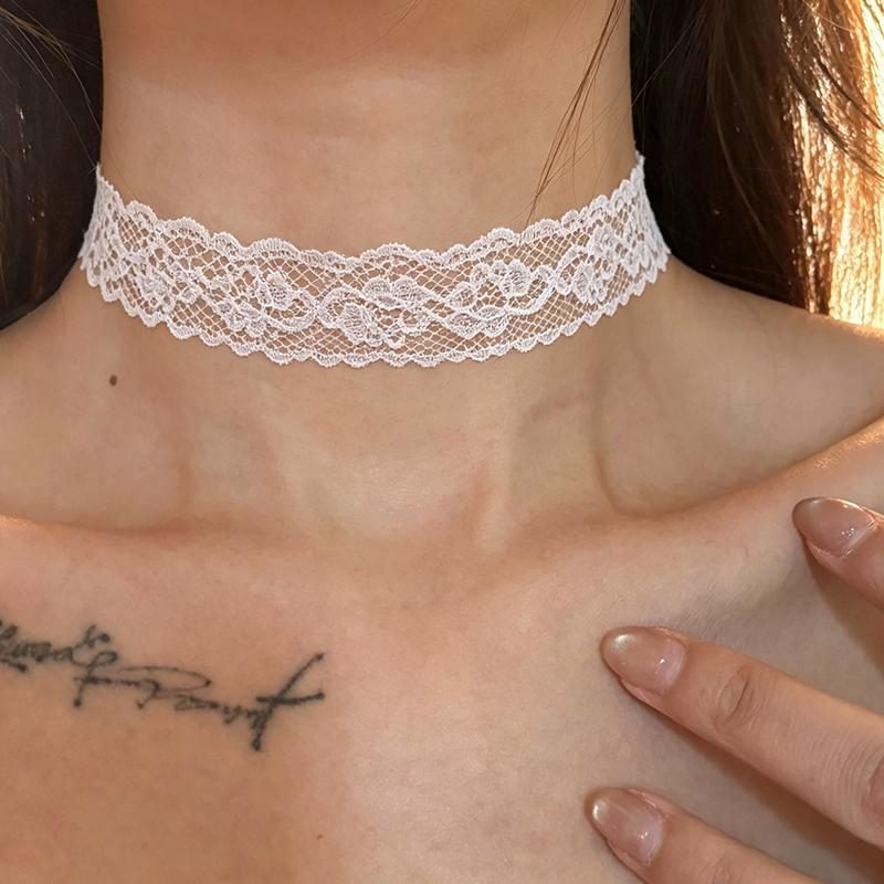 Neue Mode Unifarbene Spitze Blume Band Choker Halsband Schwarz Weiß Halskette Vintage Y2K Choker Kette Halsketten Party Schmuck