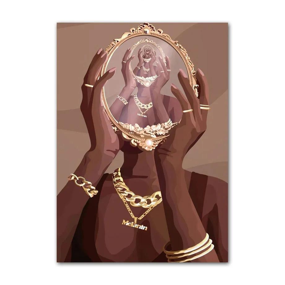 Black Art Fashion Hip Hop Girl Manicure Jewelry Lips Poster African Black Woman Beautiful Nails Painting Pictures Living Room Beauty Salon Decor