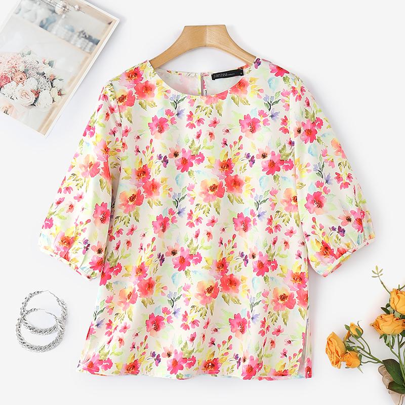 

ZANZEA Женская повседневная блузка с круглым вырезом, свободного кроя, с цветочным принтом, рукав 3/4 S