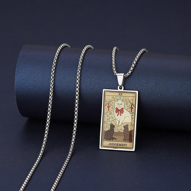 Stainless Steel Epoxy Cat Tarot Card Pendant Necklace For Men Boys Animal Divination Jewelry