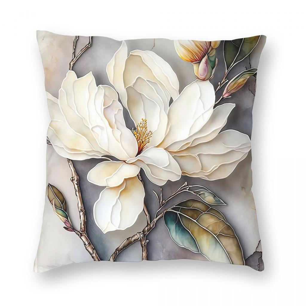 Magnolia Flower Blossom Square Pillowcase Polyester Linen Velvet Pattern Zip Decor Pillow Case Car Cushion Cover